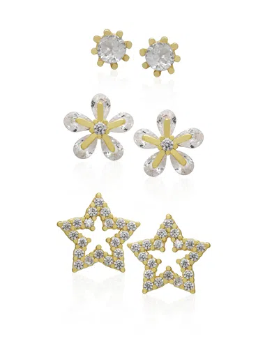 Macy's 3-pc. Cubic Zirconia (0.59 Ct. T.w.) Round, Flower And Star Stud Earrings Set In Gold