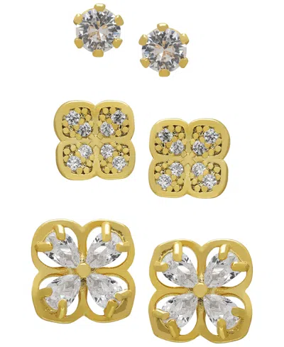Macy's 3-pc. Cubic Zirconia (1.32 Ct. T.w.) Triple Floral Stud Earrings Set In Gold