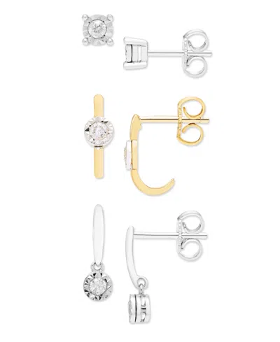 Macy's 3-pc. Diamond Stud Earrings (1/4 Ct. T.w.) In Sterling Silver And Gold Over Silver