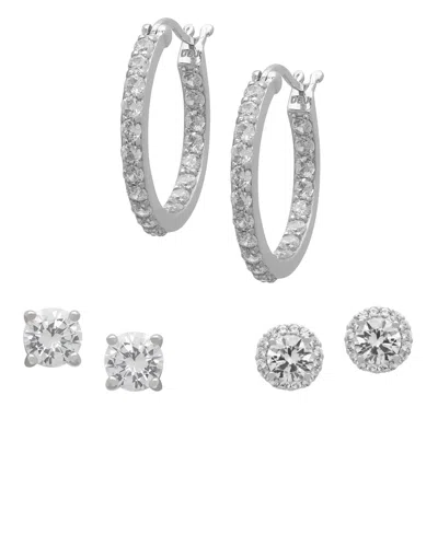 Macy's 3-pc. Lab-grown White Sapphire Hoop & Stud Earrings Set (5.42 Ct. T.w.) In Sterling Silver