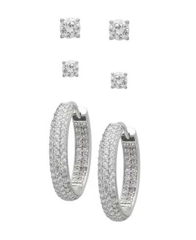 Macy's 3-pc. Lab-grown White Sapphire Stud And Hoop (4.88 Ct. T.w.) Earring Set In Sterling Silver In Metallic