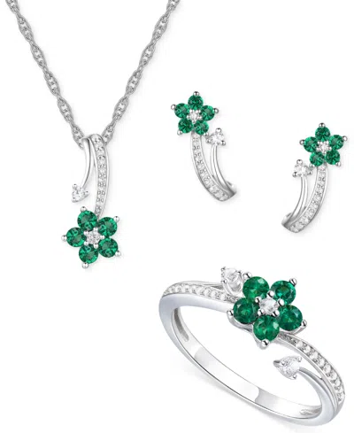 Macy's 3-pc. Set Amethyst (1 Ct. T.w.) & Lab-grown White Sapphire (3/8 Ct. T.w.) Flower Pendant Necklace, S In Emerald