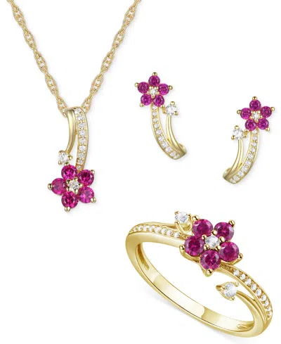 Macy's 3-pc. Set Amethyst (1 Ct. T.w.) & Lab-grown White Sapphire (3/8 Ct. T.w.) Flower Pendant Necklace, S In Ruby