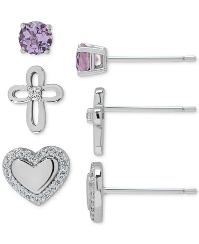 Macy's 3-pc. Set Amethyst (3/8 Ct. T.w.) & Lab Grown White Sapphire (1/2 Ct. T.w.) Solitaire, Cross & Heart
