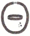 Macy's 3-pc. Set Black Cultured Freshwater Pearl (6-8mm) Beaded Double-row Strand Necklace, Stretch Bracele In Peacock Black