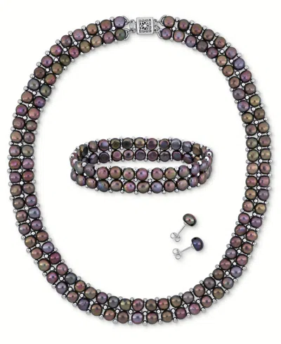 Macy's 3-pc. Set Black Cultured Freshwater Pearl (6-8mm) Beaded Double-row Strand Necklace, Stretch Bracele In Peacock Black