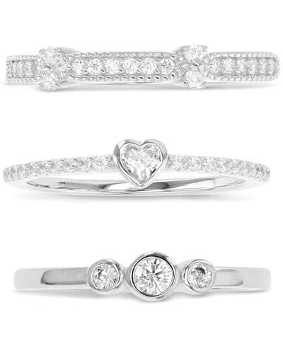 Macy's 3-pc. Set Cubic Zirconia Beaded, Heart, & Bezel Stack Rings In Sterling Silver