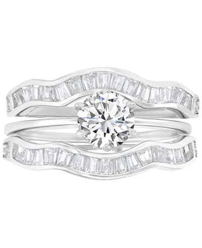 Macy's 3-pc. Set Cubic Zirconia Solitaire & Wavy Baguette Bands Bridal Set In Silver