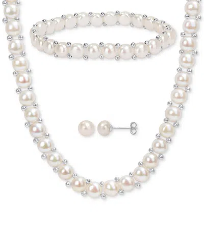 Macy's 3-pc. Set Cultured Freshwater Pearl (6-7-1/2mm) Beaded Strand Necklace (17"), Stretch Bracelet & Stu In White