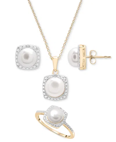 Macy's 3-pc. Set Cultured Freshwater Pearl (6-7mm) & Diamond Accent Pendant Necklace, Earrings, And Ring In In Gold Over Silver