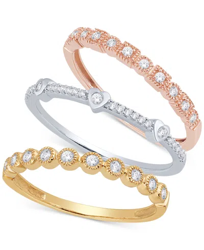 Macy's 3-pc. Set Diamond Stacking Rings (3/8 Ct. T.w.) In 14k Gold, White Gold & Rose Gold In Multi