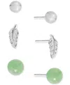 Macy's 3-pc. Set Green Aventurine, Polished Sphere & Feather Stud Earrings In Sterling Silver In Green Aventurine