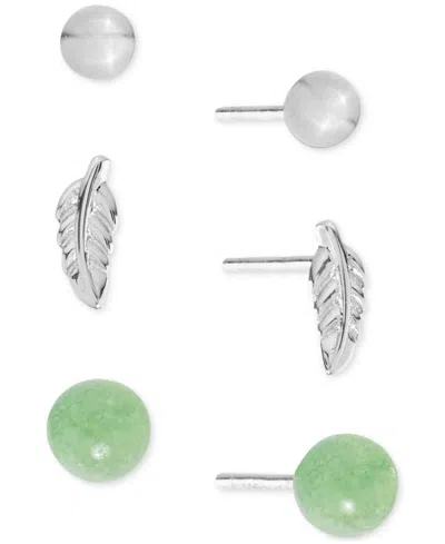 Macy's 3-pc. Set Green Aventurine, Polished Sphere & Feather Stud Earrings In Sterling Silver