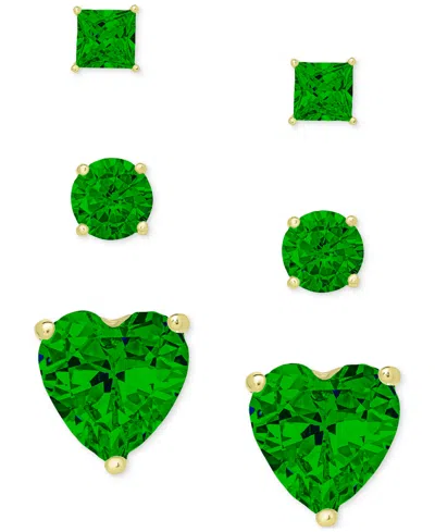 Macy's 3-pc. Set Green Quartz Round, Square And Heart Stud Earrings (1-3/8 Ct. T.w.) In 14k Gold-plated Ste