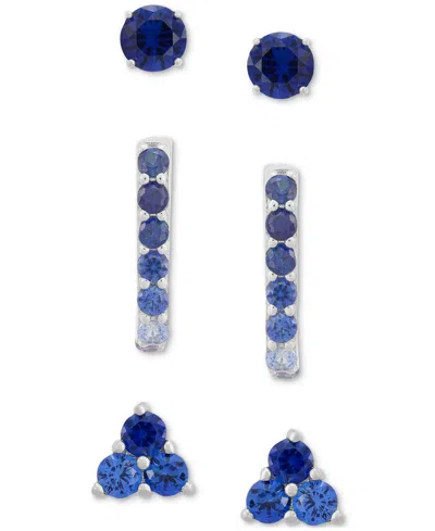 Macy's 3-pc. Set Lab-created Sapphire Stud & Hoop Earrings (3-3/4 Ct. T.w.) In Sterling Silver