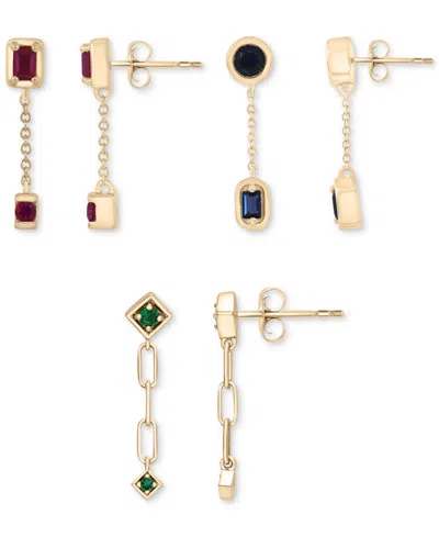 Macy's 3-pc. Set Lab-grown Multi-gemstone Linear Chain Drop Earrings (1-1/5 Ct. T.w.) In 14k Gold-plated St