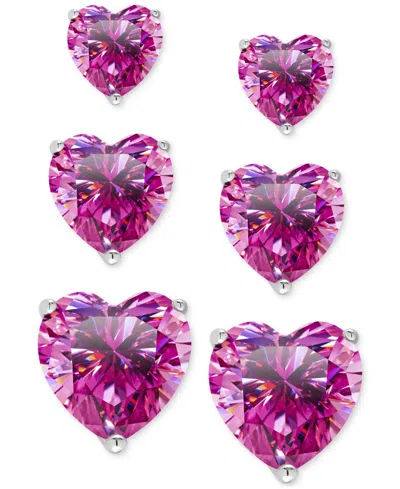 Macy's 3-pc. Set Lab Grown Pink Sapphire Heart Stud Earrings (2-1/5 Ct. T.w.) In Sterling Silver