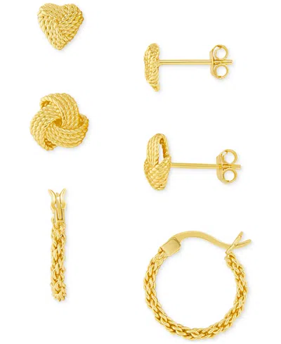 Macy's 3-pc. Set Loveknot Stud & Twisted Hoop Earrings In 18k Gold Over Sterling Silver Or Sterling Silver In Gold Over Silver