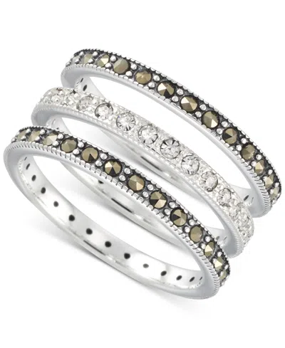 Macy's 3-pc. Set Marcasite (7/8 Ct. T.w.) & Crystal Stack Rings In Sterling Silver