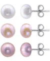 Macy's 3-pc. Set Multicolor Cultured Freshwater Pearl (8mm)stud Earrings In Sterling Silver In Multi