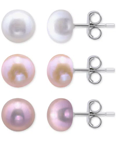 Macy's 3-pc. Set Multicolor Cultured Freshwater Pearl (8mm)stud Earrings In Sterling Silver