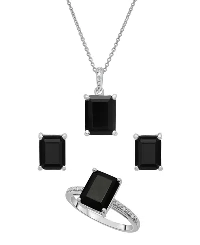 Macy's 3-pc. Set Onyx & Diamond Accent Square-cut Pendant Necklace, Ring And Stud Earrings In Sterling Silv