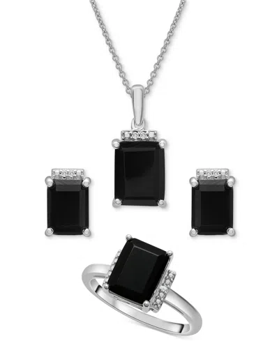 Macy's 3-pc. Set Onyx & Diamond Accent Pendant Necklace, Ring And Stud Earrings In Sterling Silver