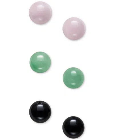 Macy's 3-pc. Set Rose Quartz, Dyed Green Jade, & Onyx Stud Earrings In Sterling Silver