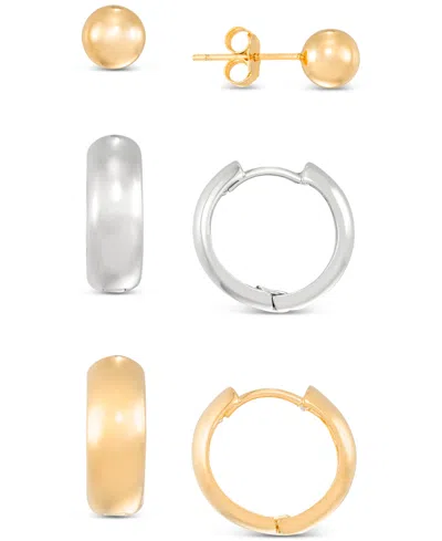 Macy's 3-pc. Set Stud & Huggie Hoop Earrings In Sterling Silver & 14k Gold-plate In Gold Over Silver