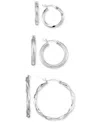 Macy's 3-pc. Set Textured Round Hoop Earrings In 14k Gold Over Sterling Silver And Sterling Silver In Silver