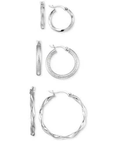 Macy's 3-pc. Set Textured Round Hoop Earrings In 14k Gold Over Sterling Silver And Sterling Silver