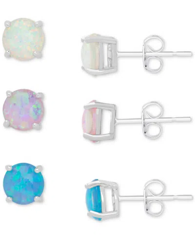Macy's 3-pc. Set White, Pink, & Blue Lab-grown Opal Stud Earrings (3-5/8 Ct. T.w.) In Sterling Silver
