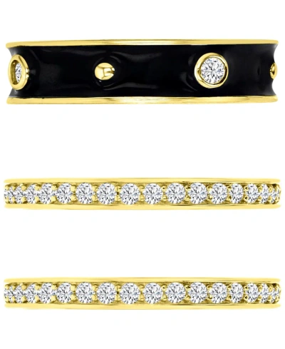 Macy's 3-pc. Set Cubic Zirconia & Enamel Stack Rings In 14k Gold-plated Sterling Silver In Black,gold