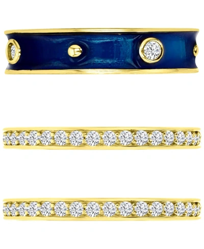 Macy's 3-pc. Set Cubic Zirconia & Enamel Stack Rings In 14k Gold-plated Sterling Silver In Blue,gold
