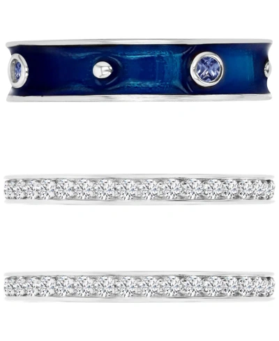 Macy's 3-pc. Set Cubic Zirconia & Enamel Stack Rings In 14k Gold-plated Sterling Silver In Blue,silver