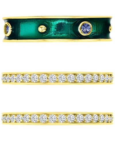 Macy's 3-pc. Set Cubic Zirconia & Enamel Stack Rings In 14k Gold-plated Sterling Silver In Green,gold