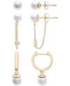 Macy's 3-pc. Set Cultured Freshwater Pearl (5mm) & White Topaz (x Ct. T.w.) Stud, Chain, & Hoop Earrings In In Gold Over Silver