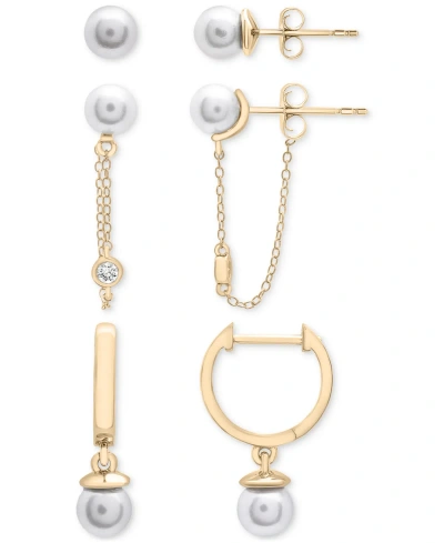 Macy's 3-pc. Set Cultured Freshwater Pearl (5mm) & White Topaz (x Ct. T.w.) Stud, Chain, & Hoop Earrings In In Gold Over Silver