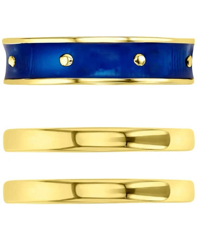 Macy's 3-pc. Set Enamel & Polished Stack Rings In 14k Gold-plated Sterling Silver In Blue,gold