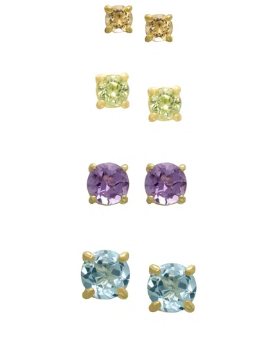 Macy's 4-pair Amethyst, Blue Topaz, Citrine And Peridot (5-7/8 Ct. T.w.) Stud Earrings In 14k Gold Over Ste In Multi