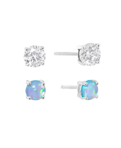 Macy's 5mm Simulated White Opal And Cubic Zirconia Stud Earring Set In White,blue