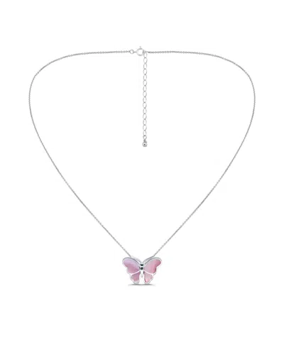 Macy's Abalone Inlay Butterfly Necklace In Silver,pink