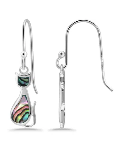 Macy's Abalone Inlay Cat Fishhook Earrings In Silver
