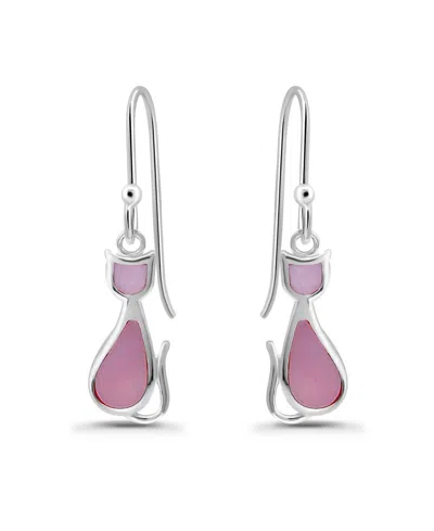 Macy's Abalone Inlay Cat Fishhook Earrings In Silver,pink