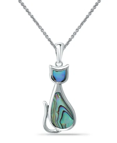 Macy's Abalone Inlay Cat Pendant Necklace In Silver