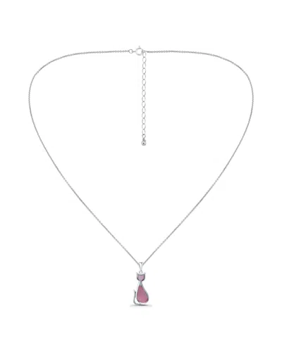 Macy's Abalone Inlay Cat Pendant Necklace In Silver,pink
