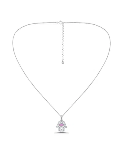 Macy's Abalone Inlay Hamsa Necklace In Silver,pink