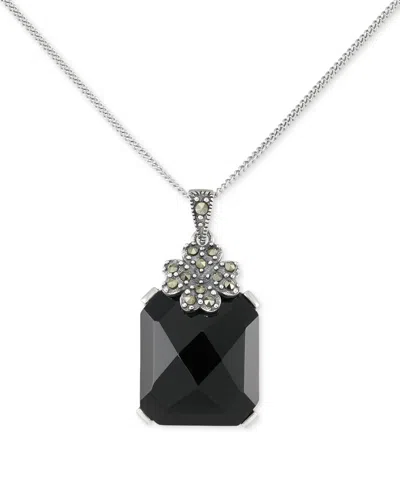 Macy's Agate (10-1/2 Ct. T.w.) & Marcasite (1/10 Ct. T.w.) Pendant 18" Necklace In Sterling Silver In Black Agate