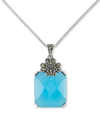 Macy's Agate (10-1/2 Ct. T.w.) & Marcasite (1/10 Ct. T.w.) Pendant 18" Necklace In Sterling Silver In Blue Agate