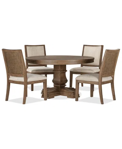 Macy's Alverton 5-pc. Wood Round Table And 4 Upholstered Side Chairs Dining Set In Brown